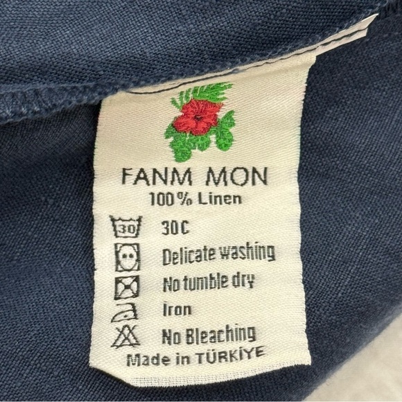 Fanm Mon Navy Flame Linen One Sleeve Ruffle Hem Floral Embroidery Mini Dress NWT - Picture 15 of 15